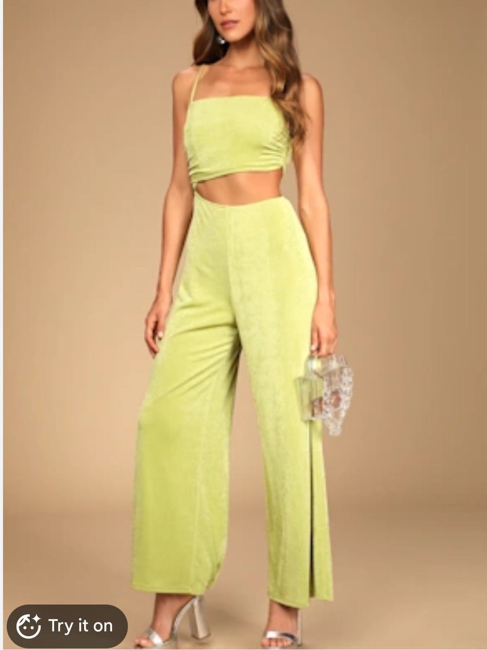 LULUS WOMENS TIMELY TRENDS CUTOUT JUMPSUIT WIDE LEG MEDIUM LIME GREEN